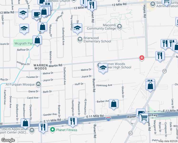 map of restaurants, bars, coffee shops, grocery stores, and more near 14252 Melva Drive in Warren