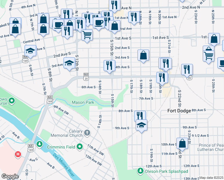 map of restaurants, bars, coffee shops, grocery stores, and more near 1499 6th Ave S in Fort Dodge