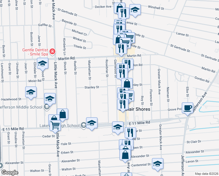 map of restaurants, bars, coffee shops, grocery stores, and more near 28024 Rosebriar Street in Saint Clair Shores