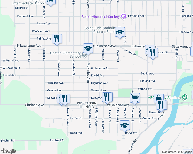 map of restaurants, bars, coffee shops, grocery stores, and more near 1326 Euclid Avenue in Beloit