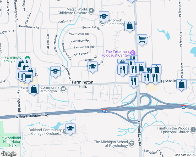 map of restaurants, bars, coffee shops, grocery stores, and more near 32200 West 12 Mile Road in Farmington Hills
