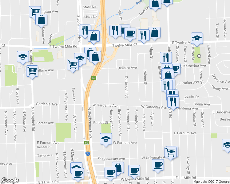 map of restaurants, bars, coffee shops, grocery stores, and more near 28100 Hampden Street in Madison Heights