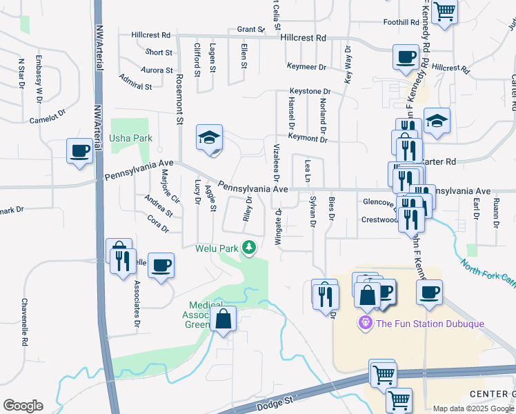 map of restaurants, bars, coffee shops, grocery stores, and more near 3656 Pennsylvania Avenue in Dubuque
