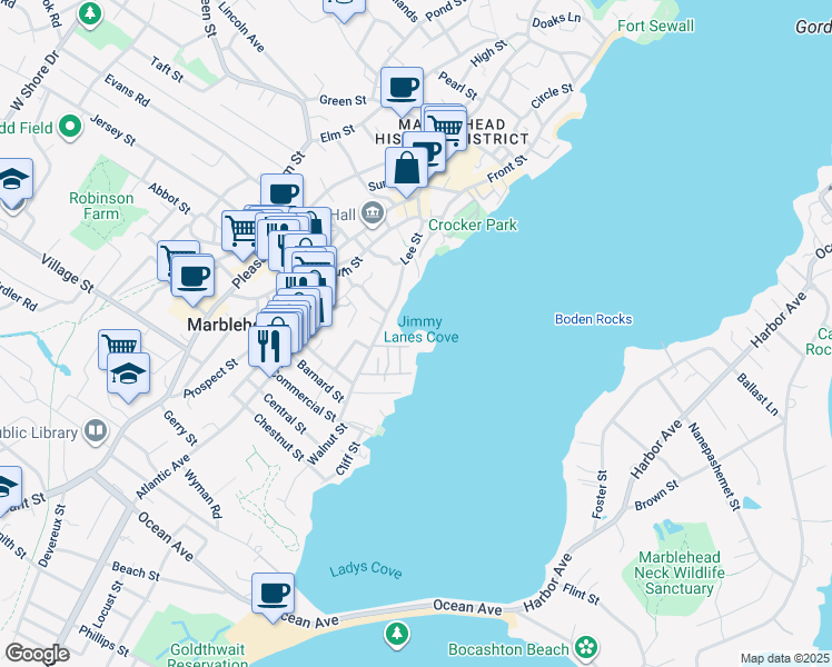 map of restaurants, bars, coffee shops, grocery stores, and more near 44 Gregory Street in Marblehead