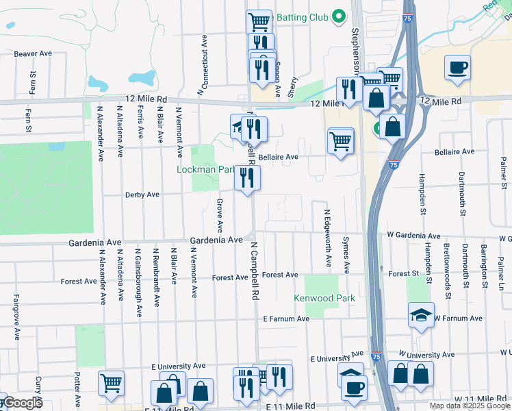 map of restaurants, bars, coffee shops, grocery stores, and more near 1050 North Campbell Road in Royal Oak