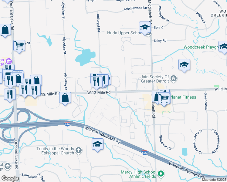 map of restaurants, bars, coffee shops, grocery stores, and more near 29866 West 12 Mile Road in Farmington Hills