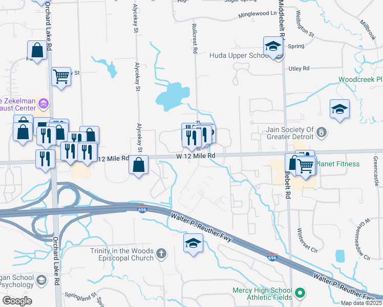 map of restaurants, bars, coffee shops, grocery stores, and more near 30038 West 12 Mile Road in Farmington Hills