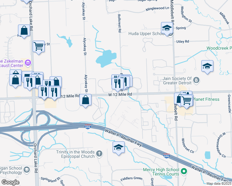 map of restaurants, bars, coffee shops, grocery stores, and more near 30038 West 12 Mile Road in Farmington Hills