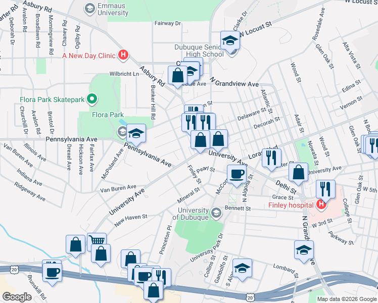 map of restaurants, bars, coffee shops, grocery stores, and more near 2365 University Avenue in Dubuque