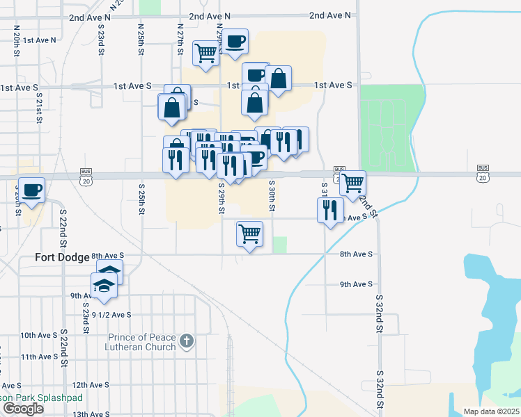 map of restaurants, bars, coffee shops, grocery stores, and more near 2924-2956 7th Avenue South in Fort Dodge