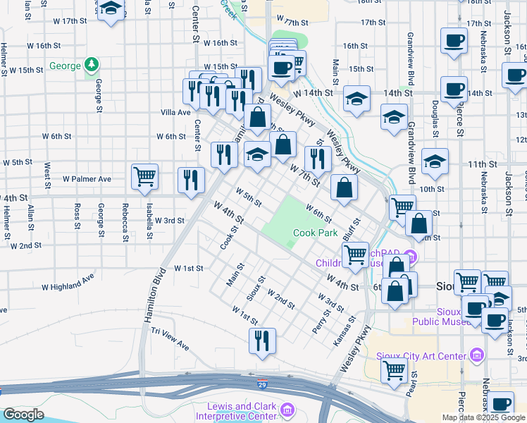map of restaurants, bars, coffee shops, grocery stores, and more near 419 Main Street in Sioux City