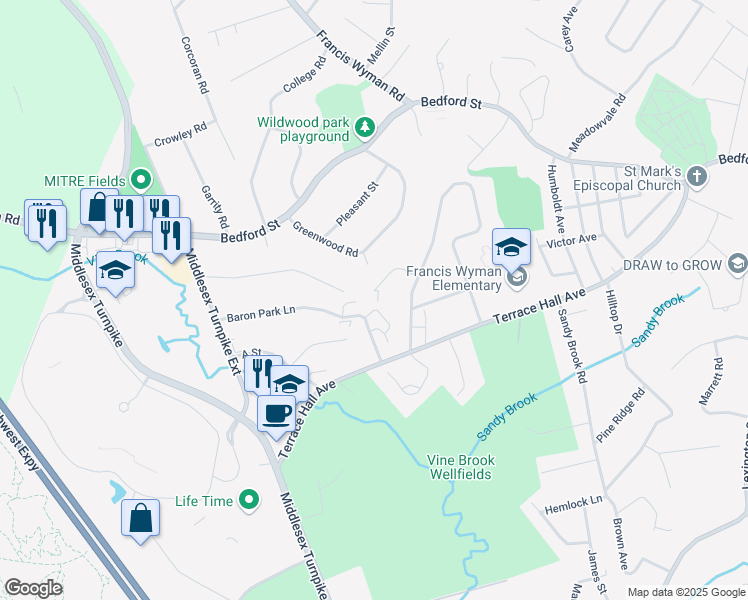 map of restaurants, bars, coffee shops, grocery stores, and more near 9 Shea Circle in Burlington
