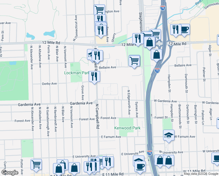 map of restaurants, bars, coffee shops, grocery stores, and more near 1701 Gardenia Avenue in Royal Oak