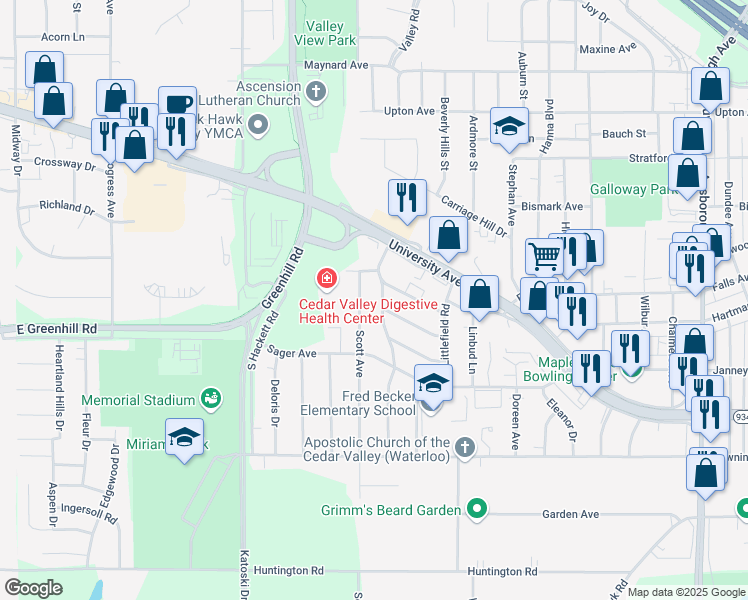 map of restaurants, bars, coffee shops, grocery stores, and more near 1034 Sheerer Avenue in Waterloo