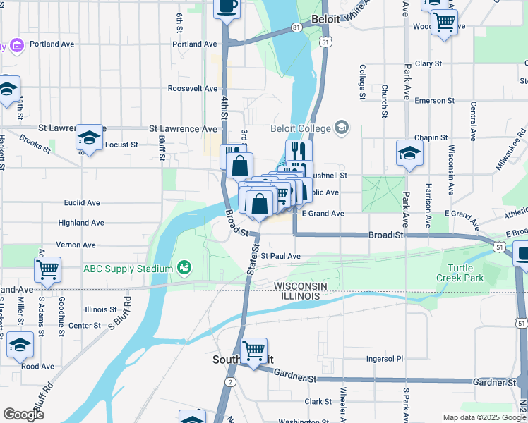 map of restaurants, bars, coffee shops, grocery stores, and more near 400 East Grand Avenue in Beloit