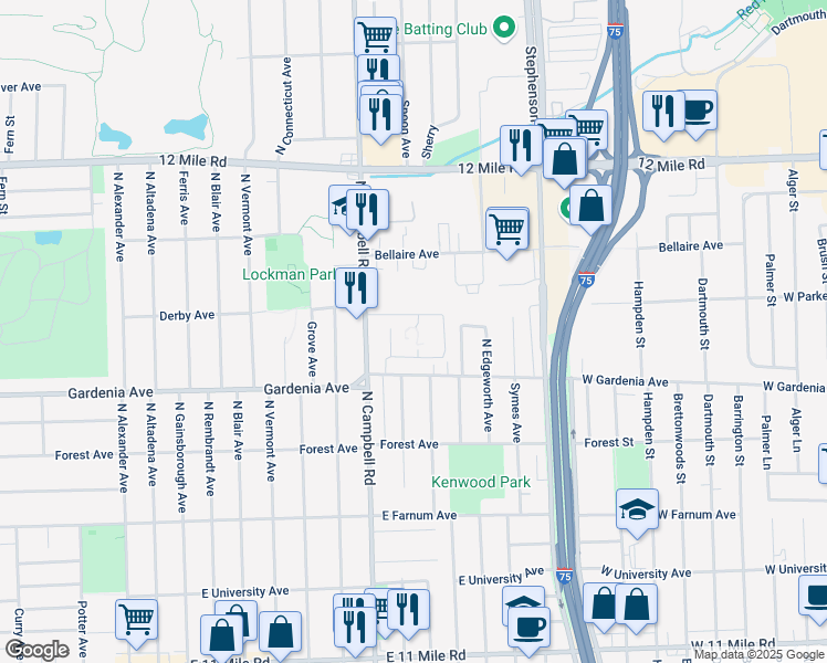 map of restaurants, bars, coffee shops, grocery stores, and more near 1132 North Campbell Road in Royal Oak