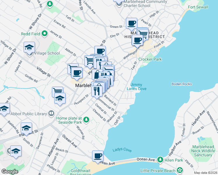 map of restaurants, bars, coffee shops, grocery stores, and more near 26 Hawkes Street in Marblehead