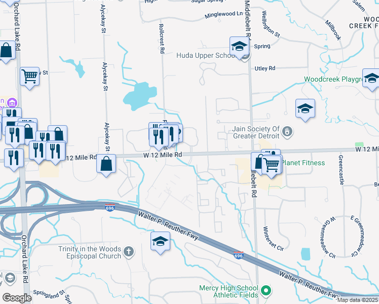 map of restaurants, bars, coffee shops, grocery stores, and more near 29866 West 12 Mile Road in Farmington Hills