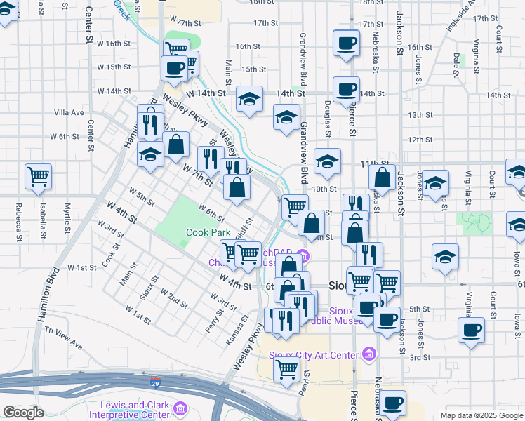map of restaurants, bars, coffee shops, grocery stores, and more near 652-698 Bluff St in Sioux City