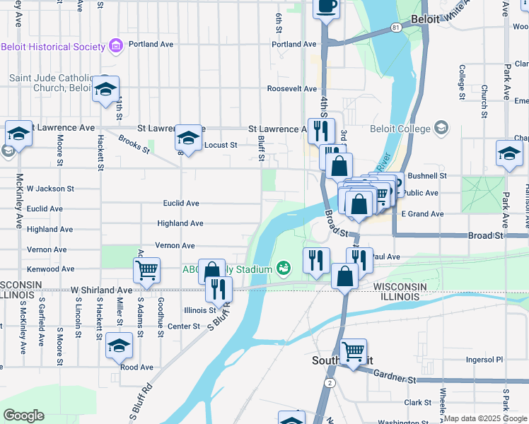 map of restaurants, bars, coffee shops, grocery stores, and more near 417 Bluff Street in Beloit