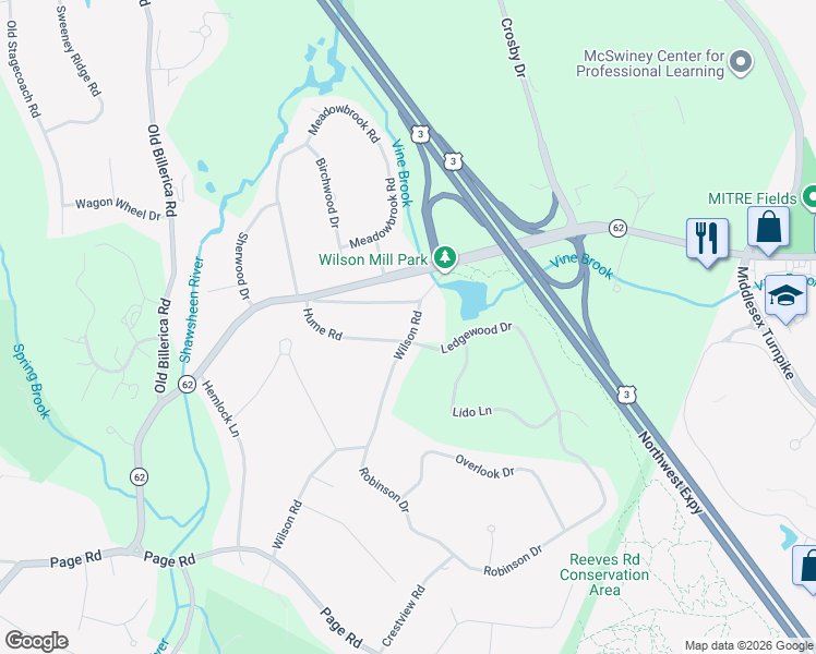 map of restaurants, bars, coffee shops, grocery stores, and more near 111 Wilson Road in Bedford