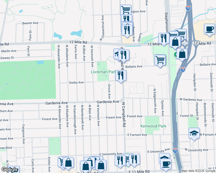 map of restaurants, bars, coffee shops, grocery stores, and more near 1045 Grove Avenue in Royal Oak