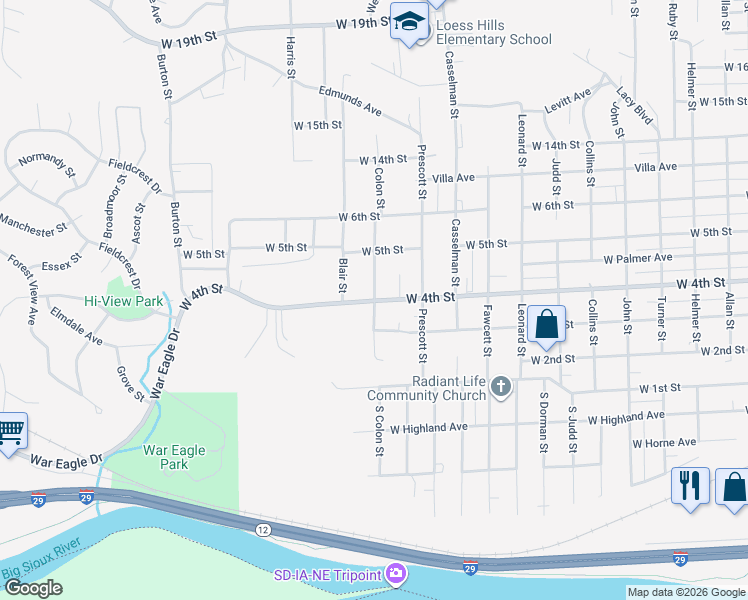 map of restaurants, bars, coffee shops, grocery stores, and more near 2898 W 4th St in Sioux City