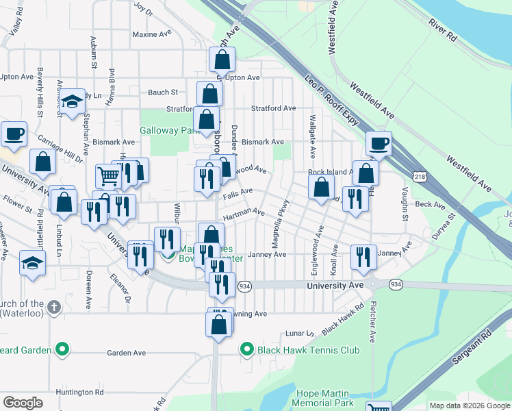 map of restaurants, bars, coffee shops, grocery stores, and more near 606 Hartman Avenue in Waterloo