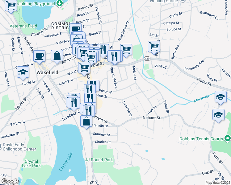 map of restaurants, bars, coffee shops, grocery stores, and more near 34 Richardson Street in Wakefield