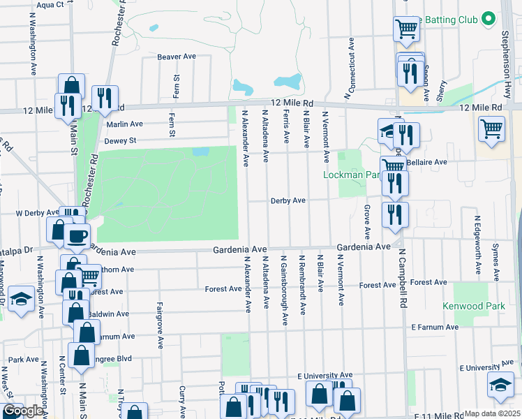 map of restaurants, bars, coffee shops, grocery stores, and more near 1110 North Altadena Avenue in Royal Oak