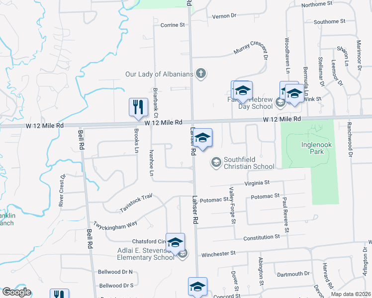 map of restaurants, bars, coffee shops, grocery stores, and more near 28779 Lahser Road in Southfield