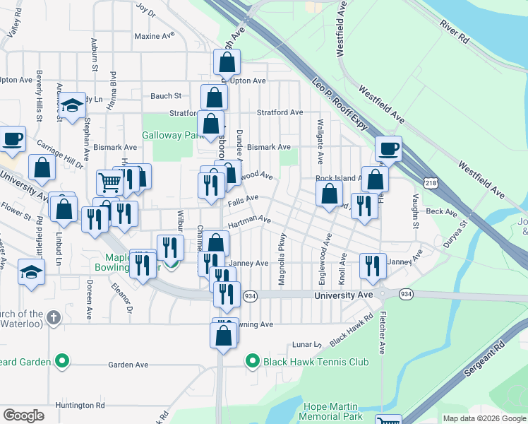 map of restaurants, bars, coffee shops, grocery stores, and more near 605 Hartman Avenue in Waterloo