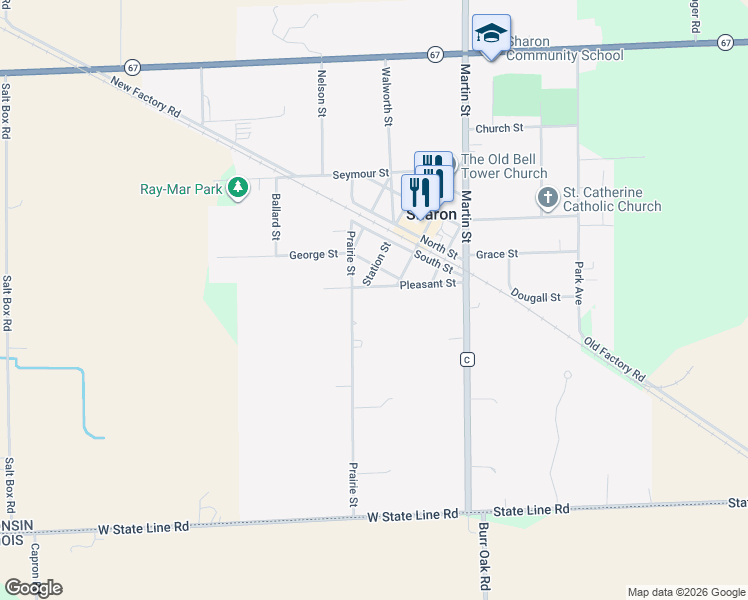 map of restaurants, bars, coffee shops, grocery stores, and more near 122 Pleasant Street in Sharon