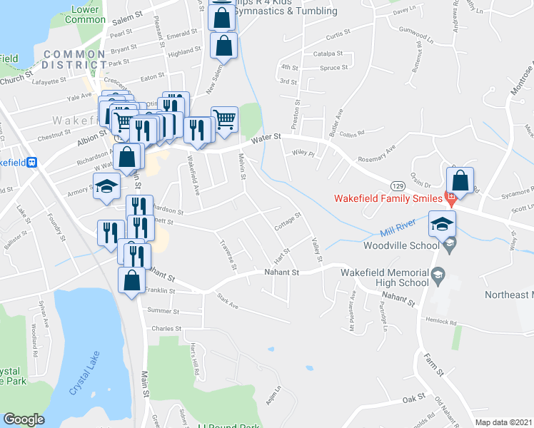 map of restaurants, bars, coffee shops, grocery stores, and more near 13 Cottage Street in Wakefield