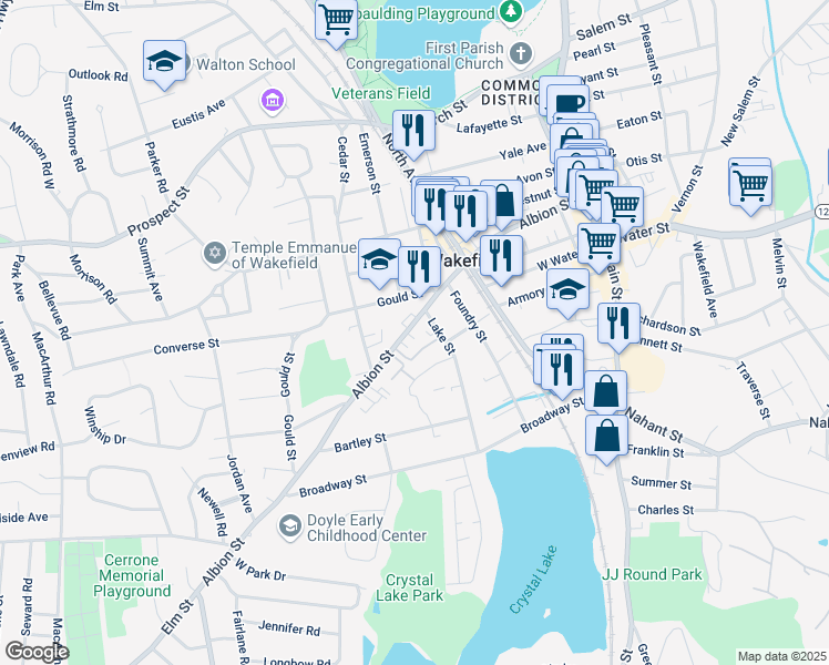 map of restaurants, bars, coffee shops, grocery stores, and more near 238a Albion Street in Wakefield