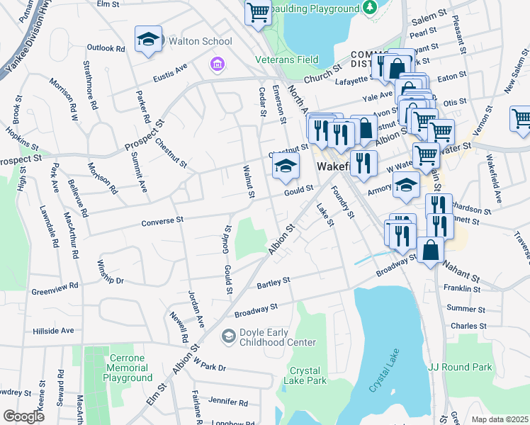 map of restaurants, bars, coffee shops, grocery stores, and more near 98 Cedar Street in Woburn