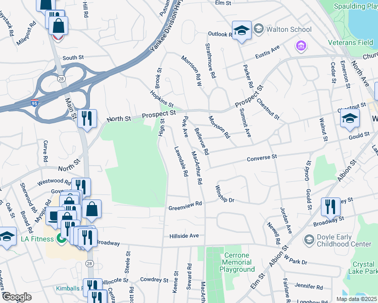 map of restaurants, bars, coffee shops, grocery stores, and more near 24 Lawndale Road in Stoneham