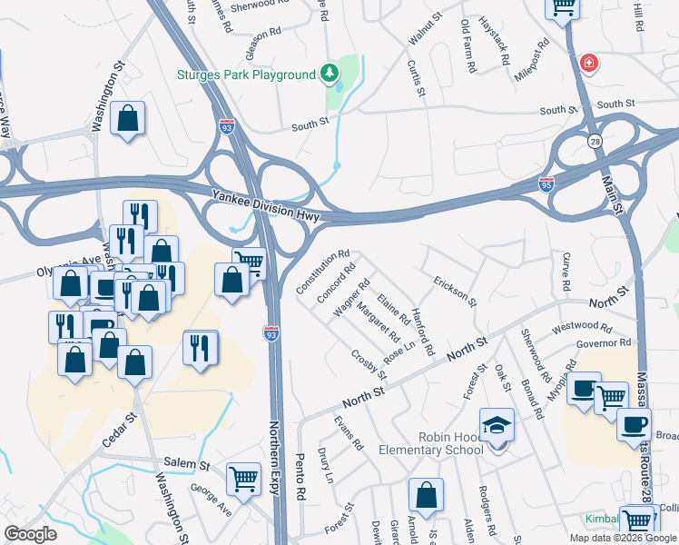 map of restaurants, bars, coffee shops, grocery stores, and more near 10 Concord Road in Stoneham