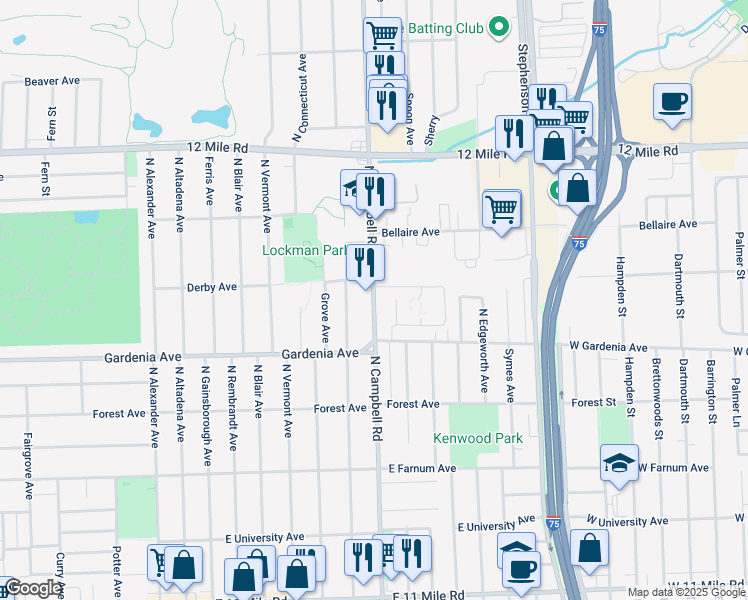 map of restaurants, bars, coffee shops, grocery stores, and more near 1103 North Campbell Road in Royal Oak