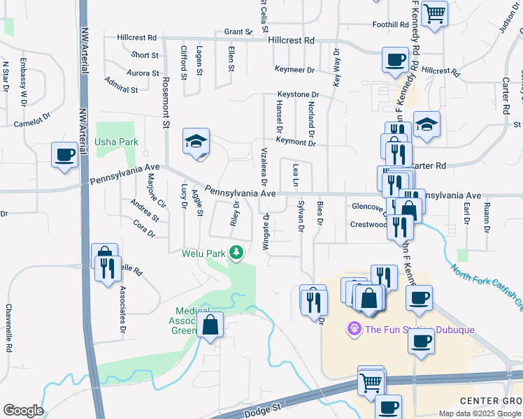 map of restaurants, bars, coffee shops, grocery stores, and more near 3656 Pennsylvania Avenue in Dubuque