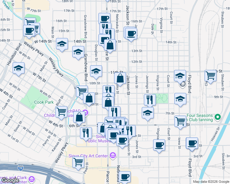 map of restaurants, bars, coffee shops, grocery stores, and more near 829 Nebraska Street in Sioux City