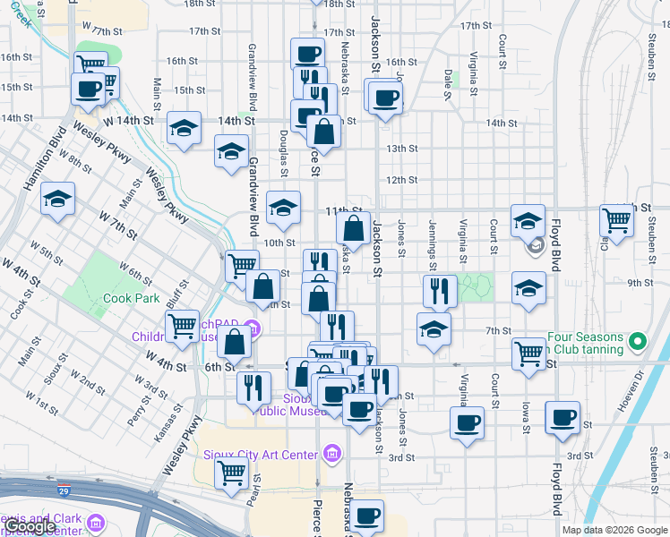 map of restaurants, bars, coffee shops, grocery stores, and more near 829 Nebraska Street in Sioux City