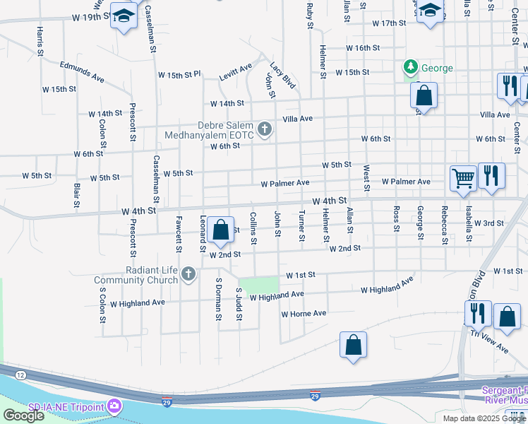 map of restaurants, bars, coffee shops, grocery stores, and more near 2119 West 3rd Street in Sioux City