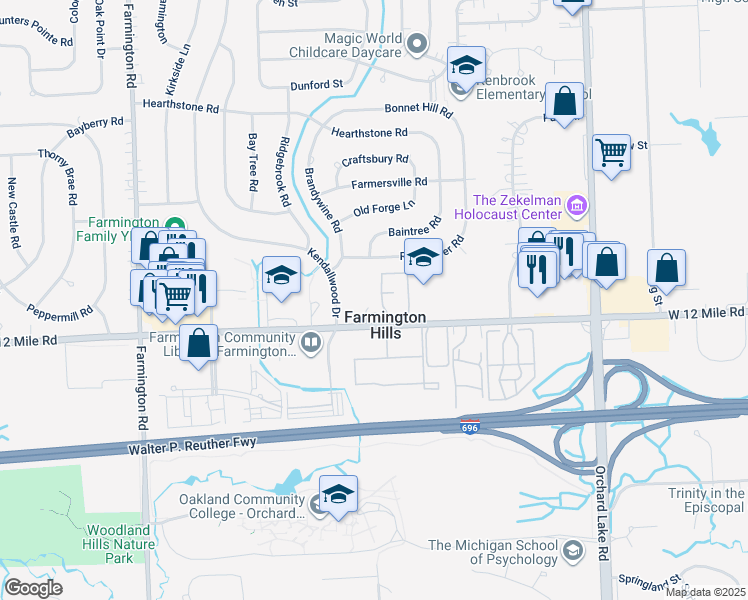 map of restaurants, bars, coffee shops, grocery stores, and more near 32332 West 12 Mile Road in Farmington Hills