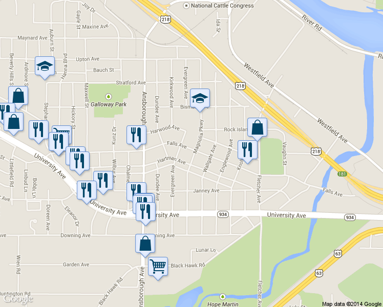 map of restaurants, bars, coffee shops, grocery stores, and more near 2101 Falls Avenue in Waterloo
