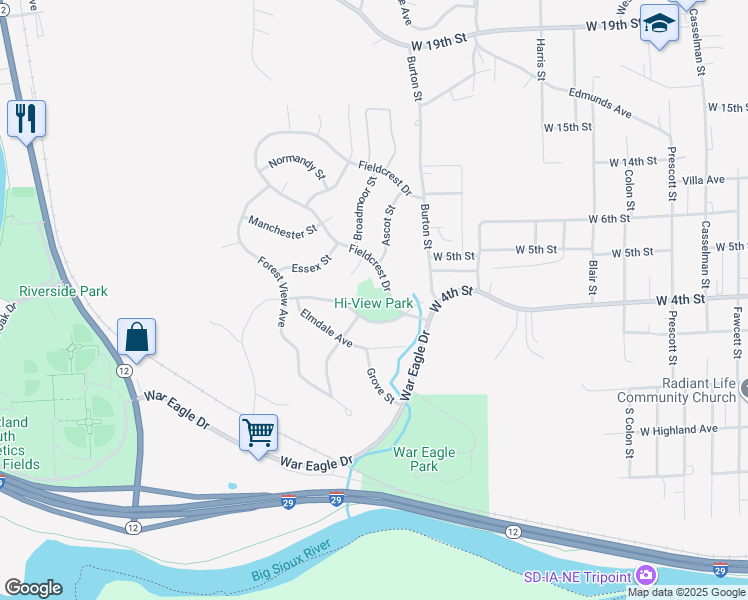 map of restaurants, bars, coffee shops, grocery stores, and more near 3632 Fieldcrest Drive in Sioux City