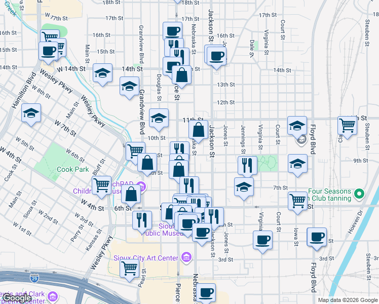 map of restaurants, bars, coffee shops, grocery stores, and more near 829 Nebraska Street in Sioux City