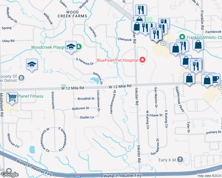 map of restaurants, bars, coffee shops, grocery stores, and more near 27701 West 12 Mile Road in Farmington Hills