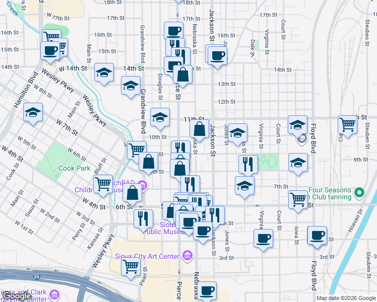 map of restaurants, bars, coffee shops, grocery stores, and more near 829 Nebraska Street in Sioux City