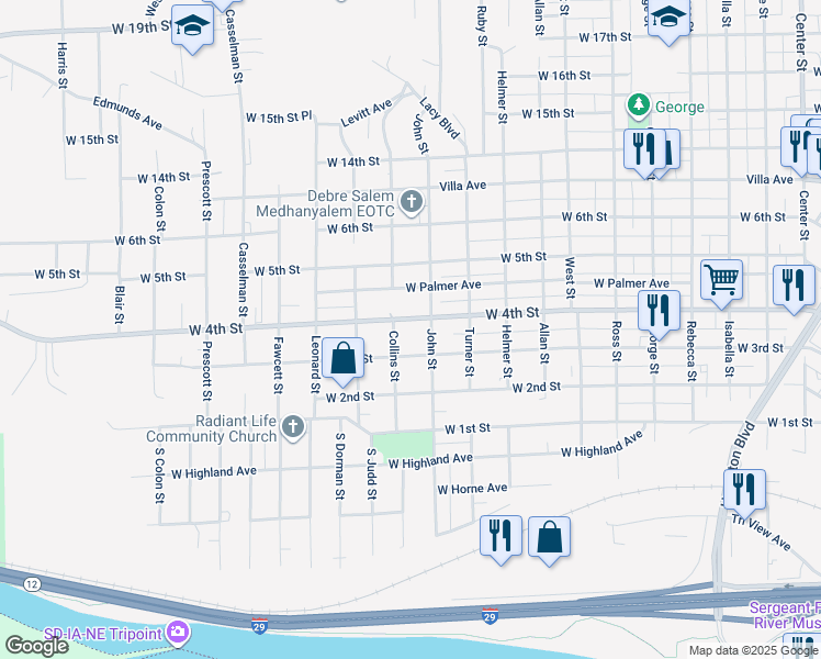 map of restaurants, bars, coffee shops, grocery stores, and more near 2119 West 3rd Street in Sioux City